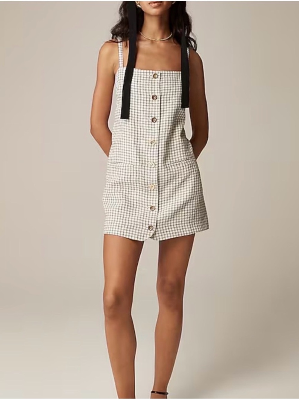 J. Crew Beige and Black Checked Button-Front Linen-Blend Cami